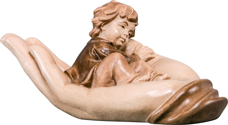 mano protettrice distesa con bambino - demetz - deur - statua in legno dipinta a mano. altezza pari a 11 cm.