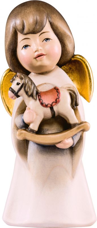 statuina dell'angioletto con cavallo giocattolo, linea da 8 cm, in legno dipinto a mano, collezione angeli sognatori - demetz deur