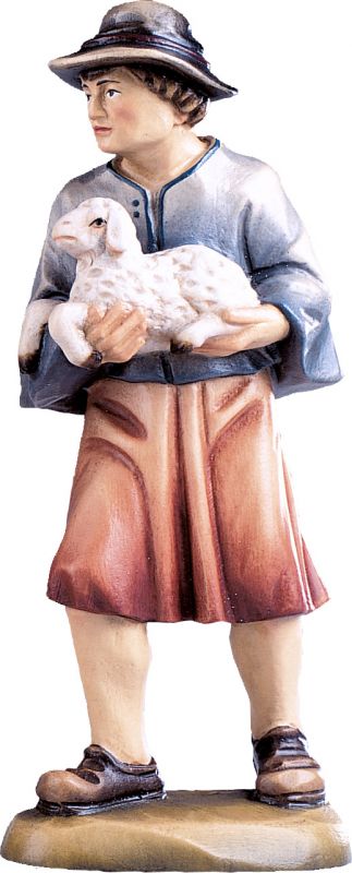 pastore con agnello b.k. - demetz - deur - statua in legno dipinta a mano. altezza pari a 15 cm.