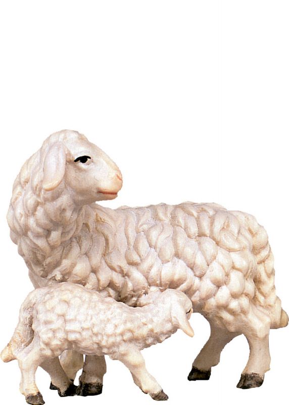pecora con agnello h.k. - demetz - deur - statua in legno dipinta a mano. altezza pari a 18 cm.