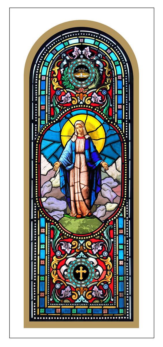 stock: tavola madonna miracolosa stampa tipo vetrata su legno - 10 x 27 cm