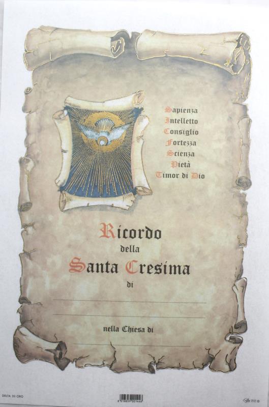pergamena ricordo sacramenti cm 18x24 cresima oro