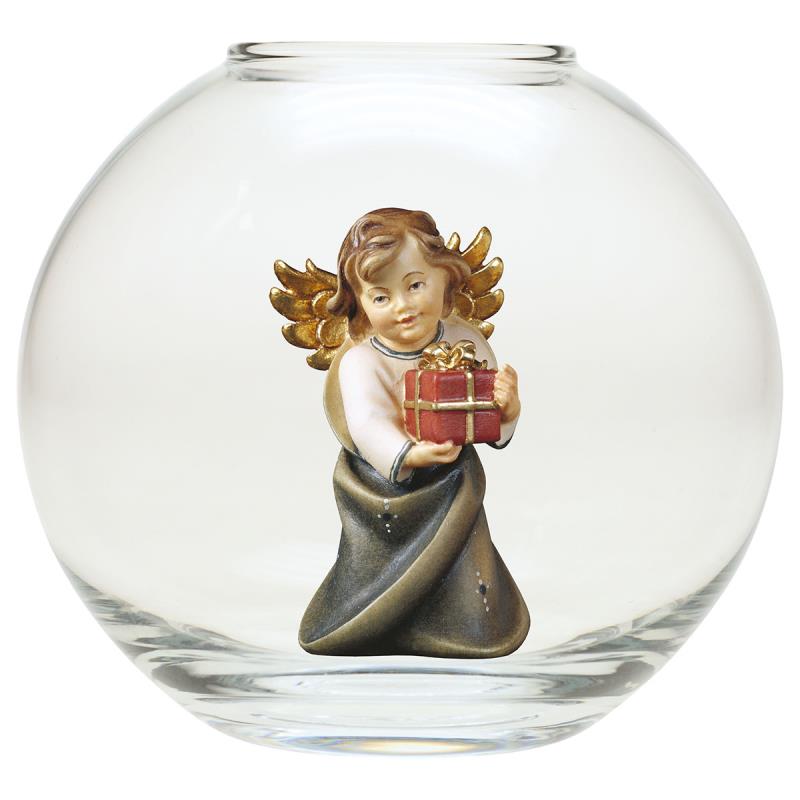angelo cuore con regalo sfera vetro. 9(ø13)cm.sc