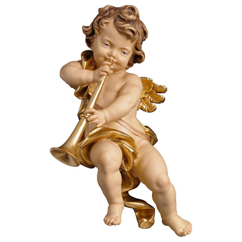 putto con trombone. 23 cm.scolpito in legno di ace