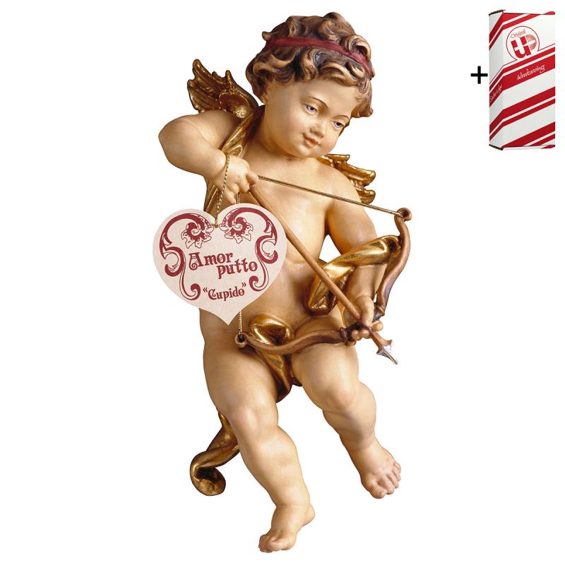 putto cupido + box regalo. 40 cm.scolpito in legno