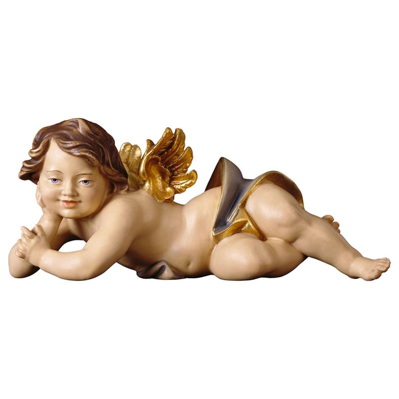 putto sdraiato destro. 23 cm.scolpito in legno di