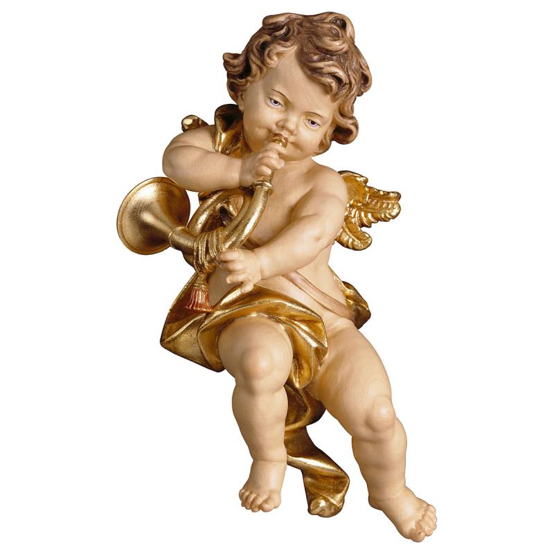 putto con corno. 10 cm.scolpito in legno di acero.