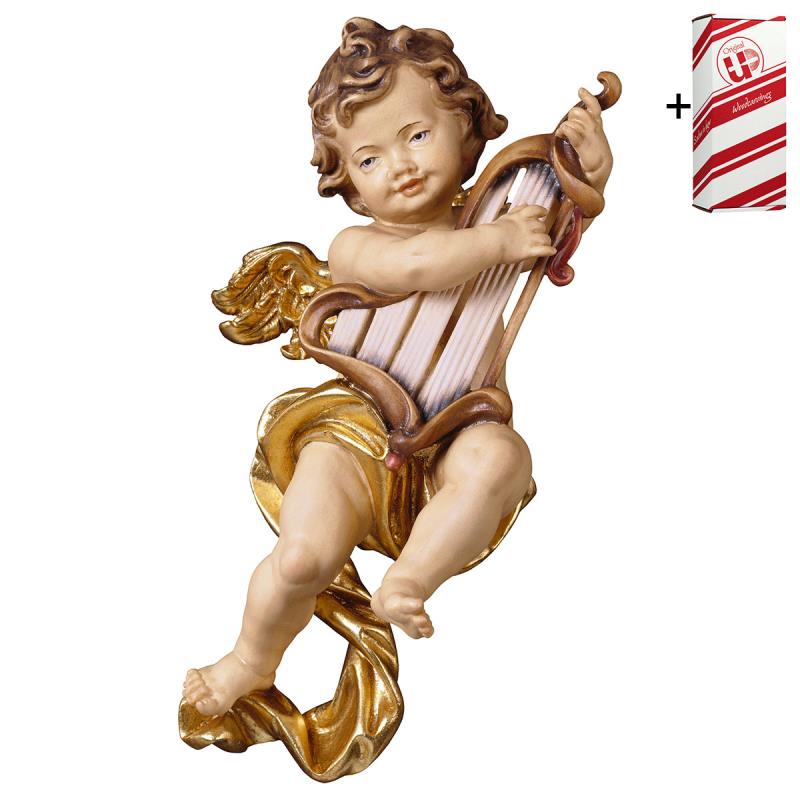 putto con arpa + box regalo. 15 cm.scolpito in leg