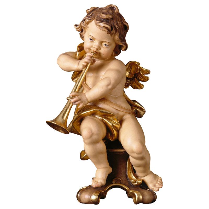 putto con trombone su piedistallo. 20 cm.scolpito