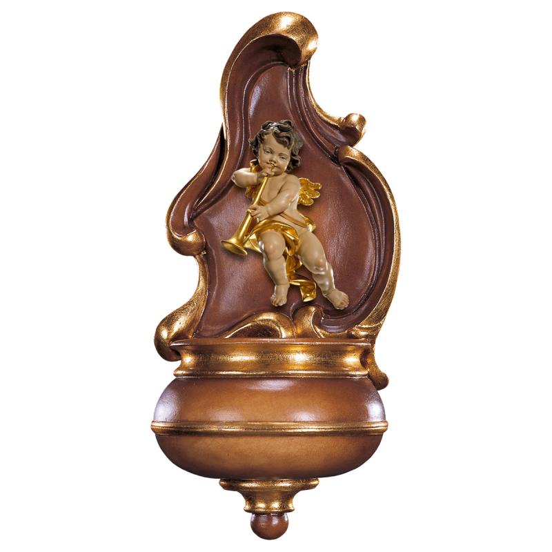 acquasantiera con putto. 26 cm.scolpito in legno d