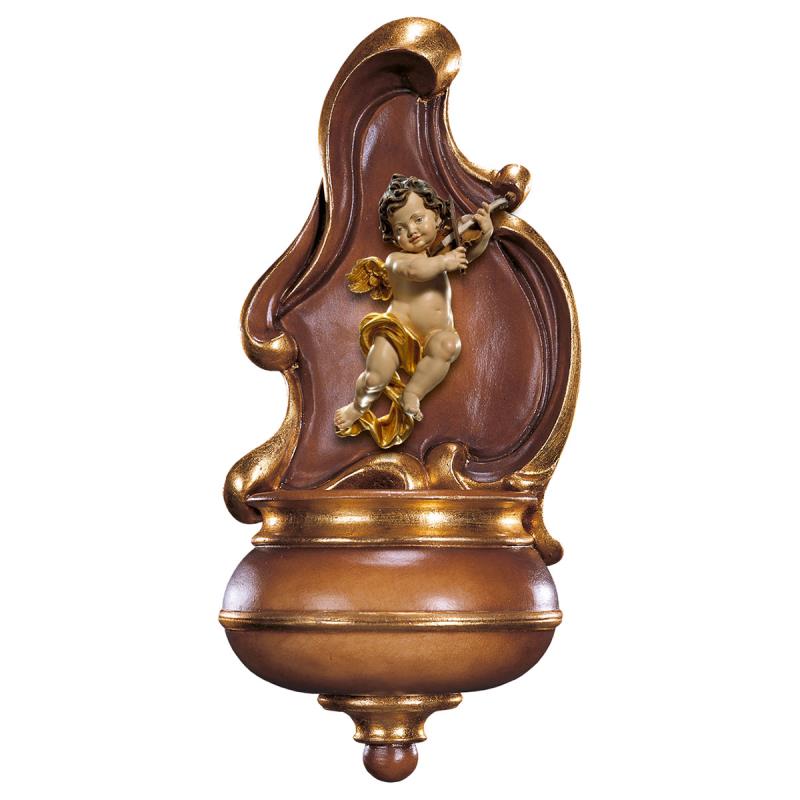 acquasantiera con putto. 26 cm.scolpito in legno d