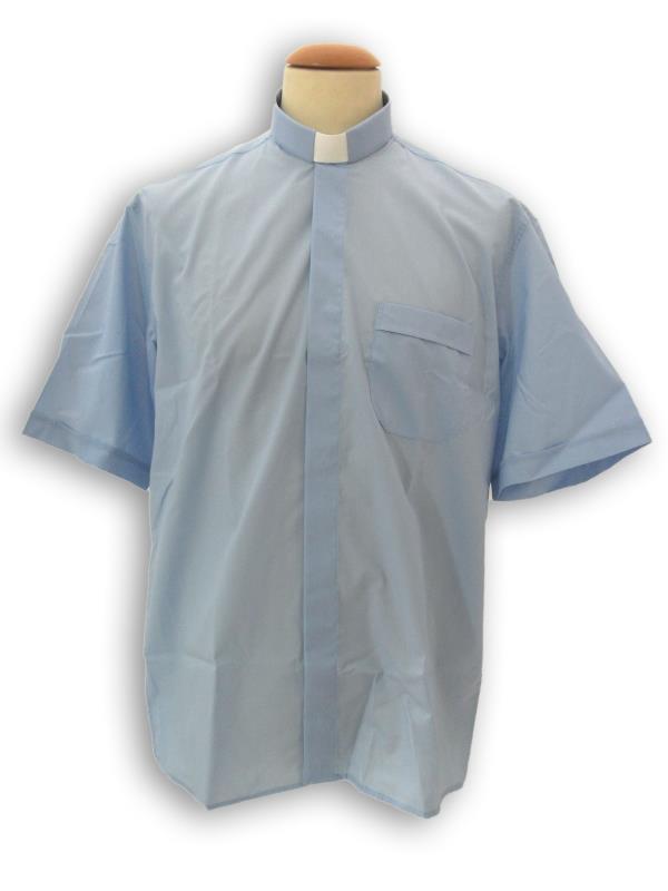 camicia clergy misto cotone manica corta celeste