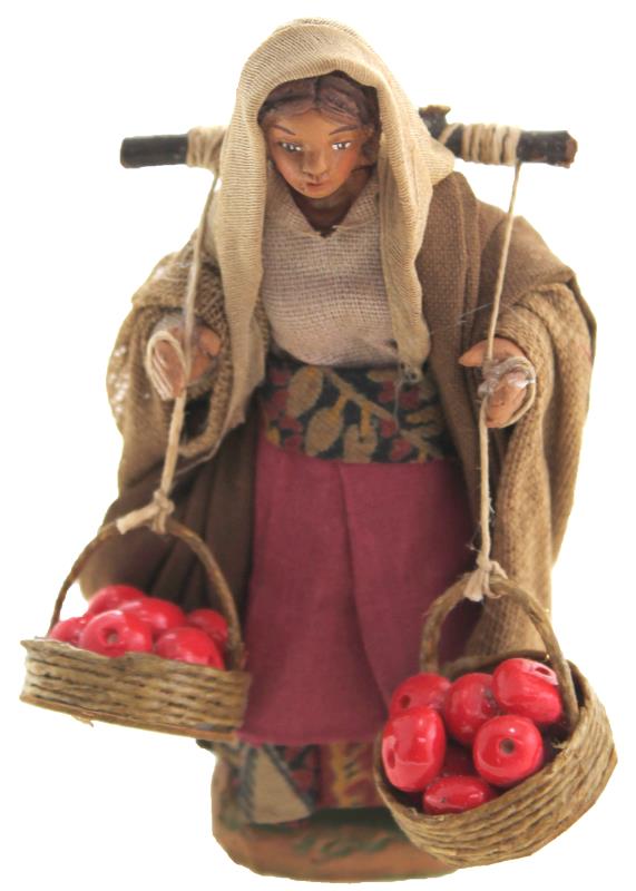 personaggio presepe cm 10 terracotta donna con cesti sulla schiena