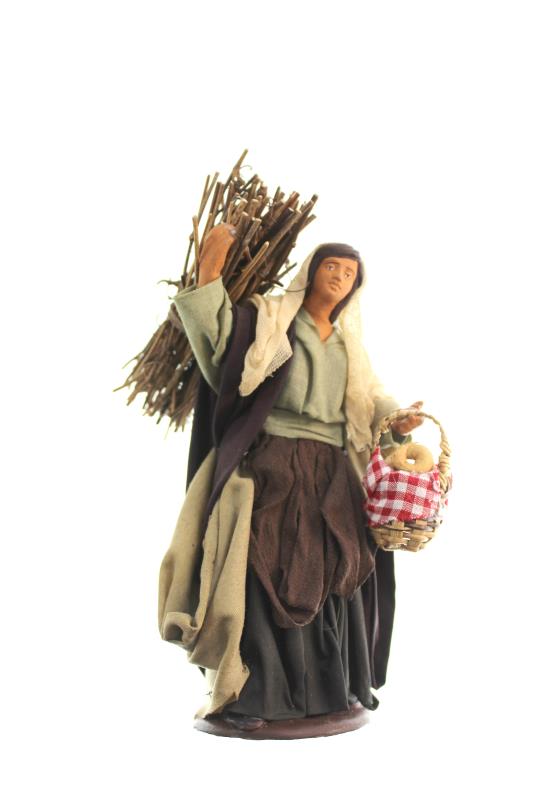 donna legna spalle e cesta pane cm 14  terracotta