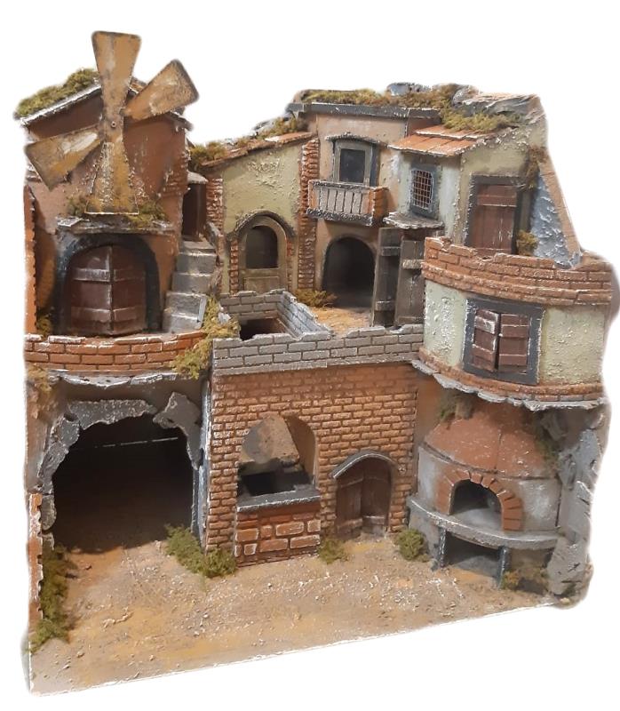 scena presepe stile 700 mulino cascata e forno