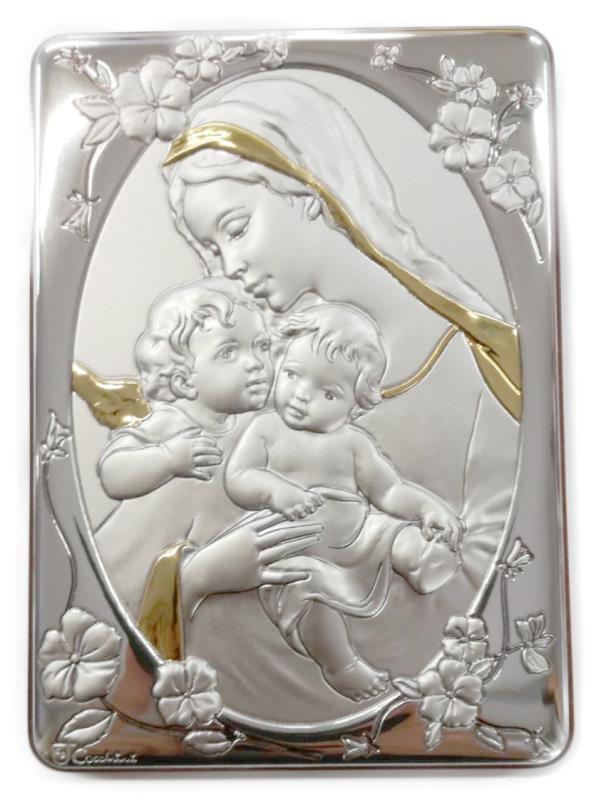 quadro legno e immagine argentata cm 10x15 madonna con bambino e angelo