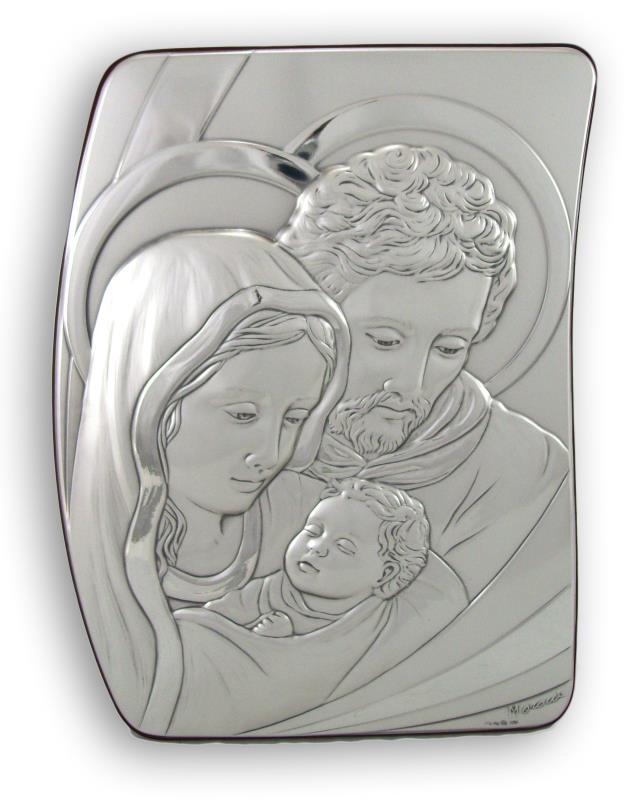 da 61x36 cm Icona Sacra Famiglia in argento e legno 