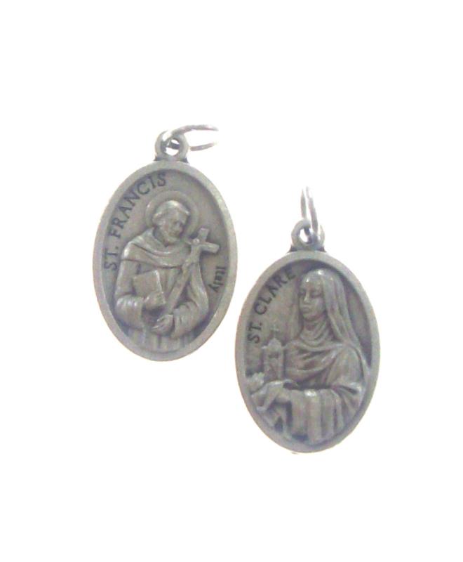 medaglia ovale cm 2,2 con anello metallo ossidato san francesco + santa chiara