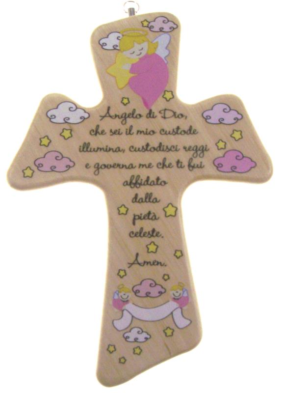 croce angelo custode in legno rosa