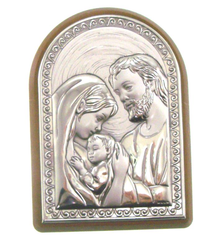 quadretto in lamina argento e legno cm 14x10 sacra famiglia