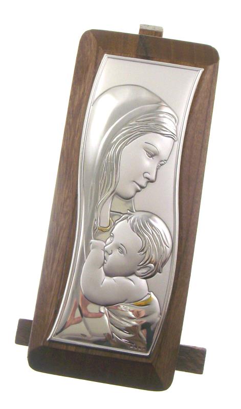 quadretto in lamina argento e legno cm 19x8 madonna con bambino