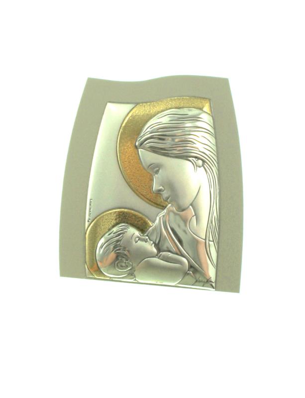 quadretto legno e bilaminato argento cm 5x6 madonna con bambino