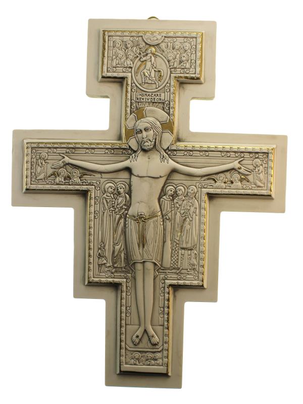 croce san damiano in resina decoro oro cm 25x18