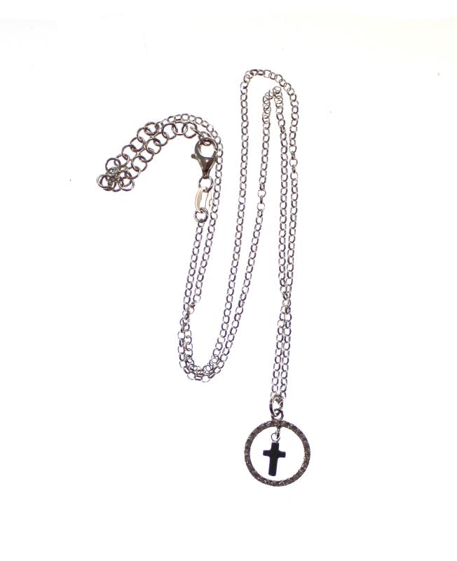 croce in argento rodiato con strass e catena