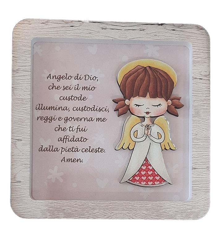 quadro cameretta bimba 15x15 cm angelo di dio rosa