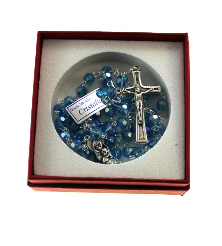 rosario in argento con grani in cristallo acqua