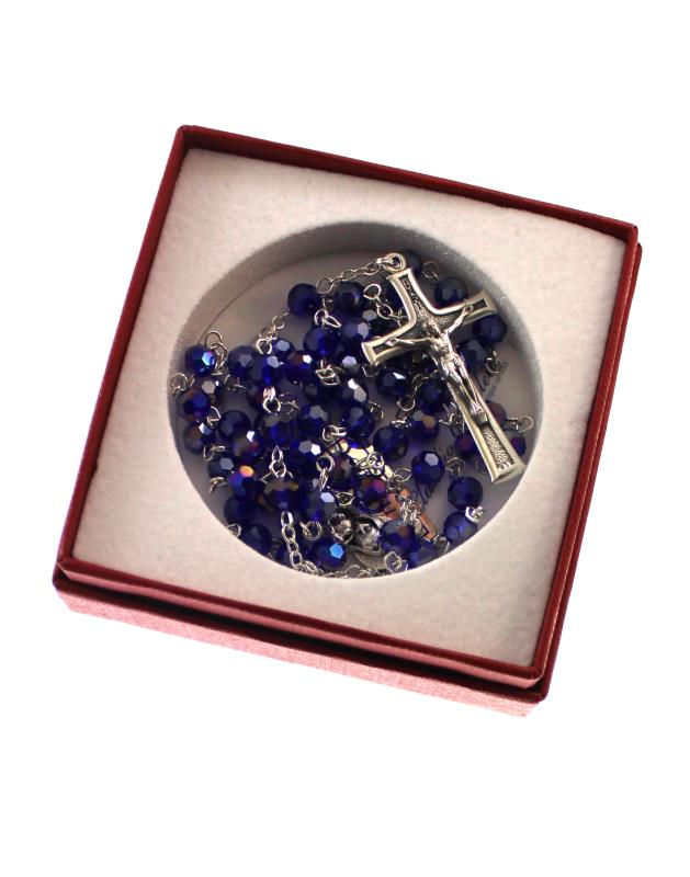 rosario in argento con grani in cristallo blu
