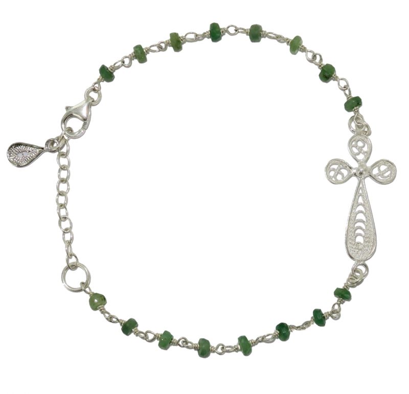braccialetto croce filigrana argento 925 rodiato e giada