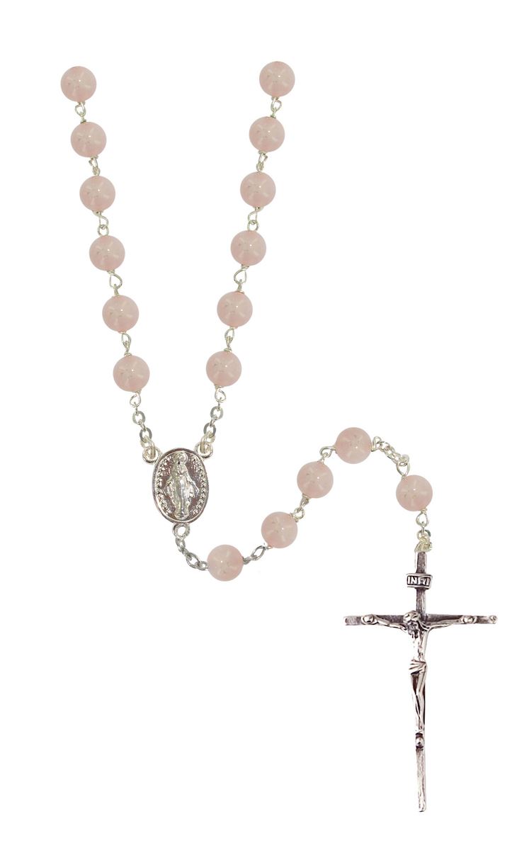 rosario in argento con grani in quarzo rosa da Ø 6 mm