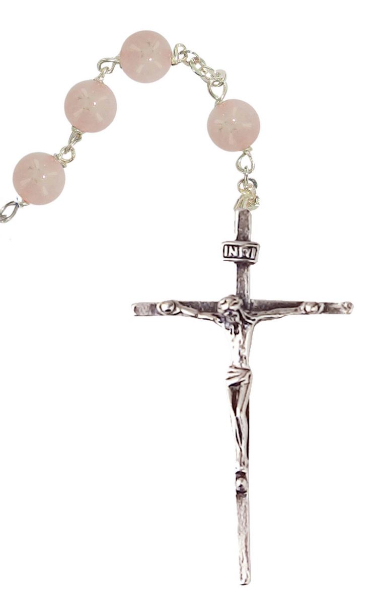 rosario in argento con grani in quarzo rosa da Ø 6 mm
