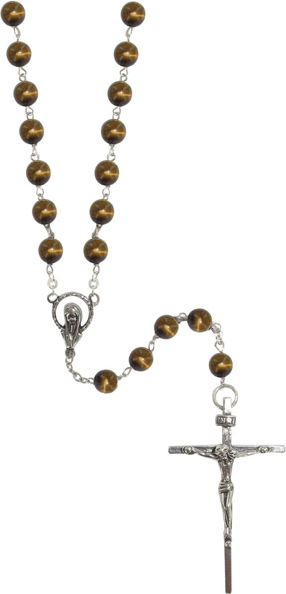 rosario in argento con grani tondi in occhio di tigre da Ø 6 mm