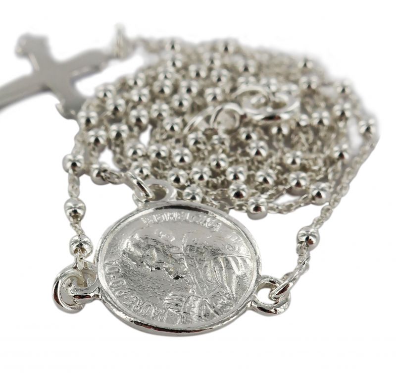 rosario san pio in argento 925 con grani tondi da Ø 1,5 mm su catena con moschettone