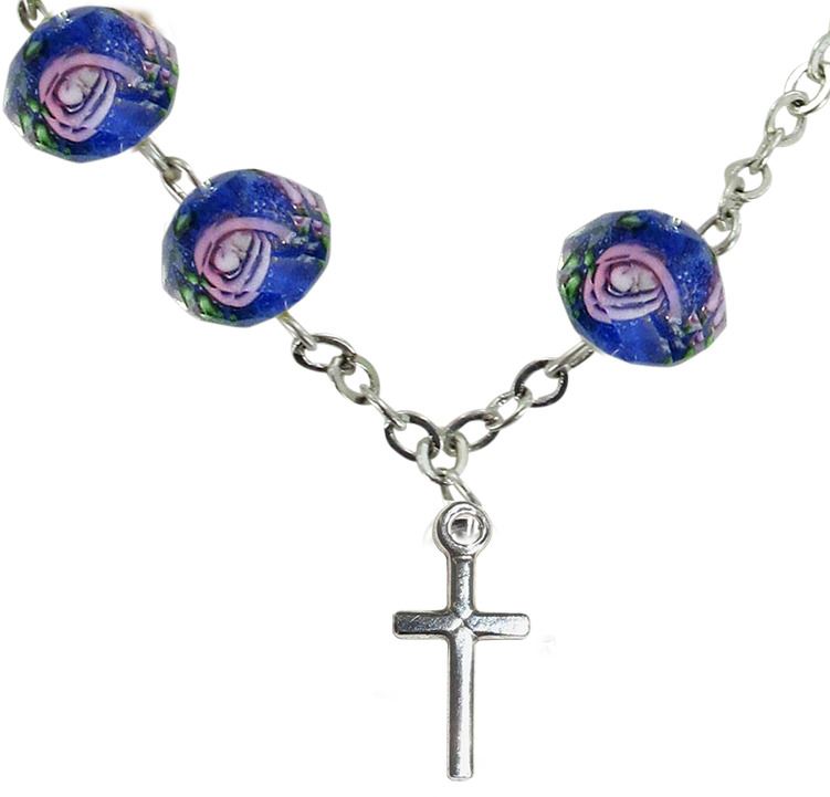 braccialetto in vetro pressato blu con fiori legatura in argento 925