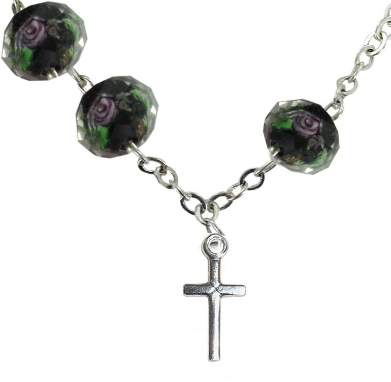 braccialetto in vetro pressato nero con fiori legatura in argento 925