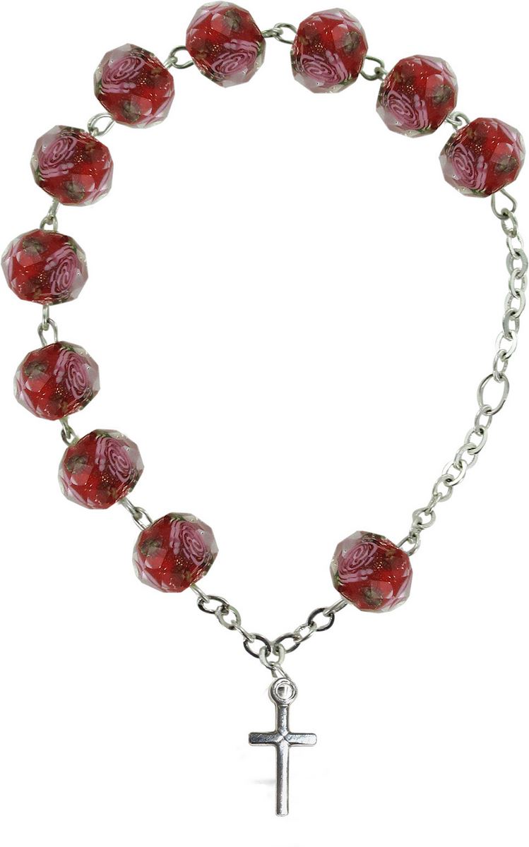 braccialetto in vetro pressato rosa con fiori legatura in argento 925