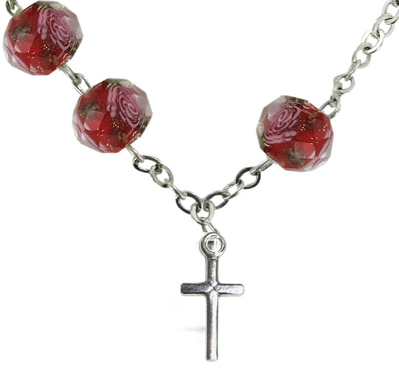 braccialetto in vetro pressato rosa con fiori legatura in argento 925