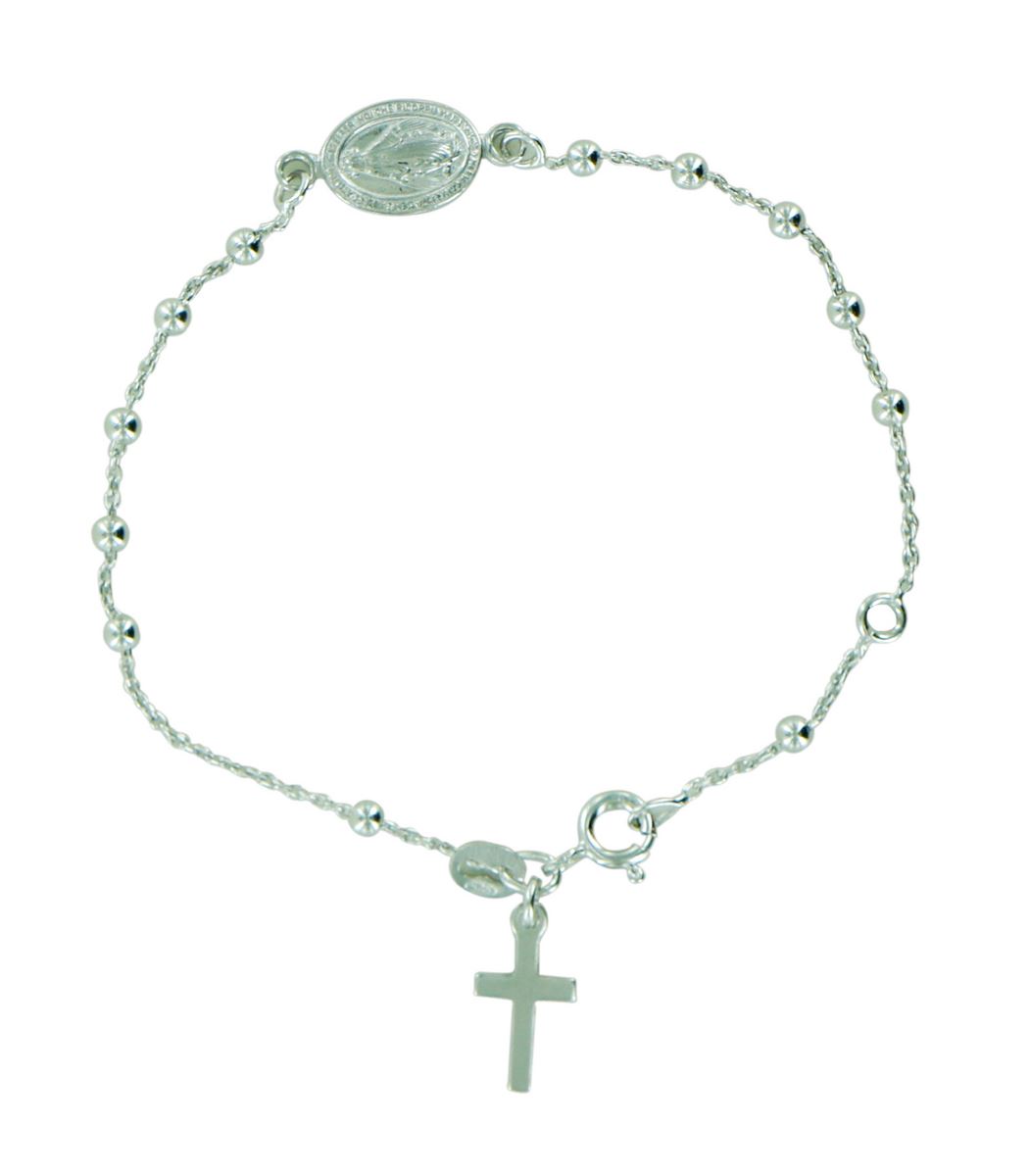 bracciale decina argento 925 con grani tondi e medaglia madonna miracolosa