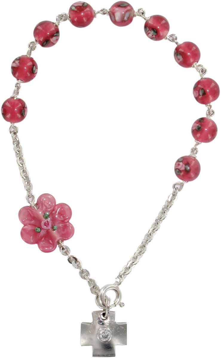 braccialetto con grani a forma di roselline in vetro rosa da mm 6,5 e argento 925