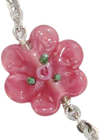 braccialetto con grani a forma di roselline in vetro rosa da mm 6,5 e argento 925