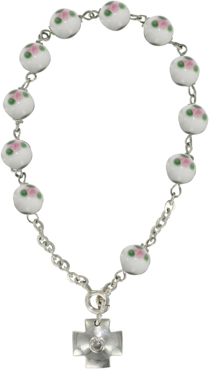 braccialetto con grani a forma di roselline in vetro bianco mm 6,5 e argento 925