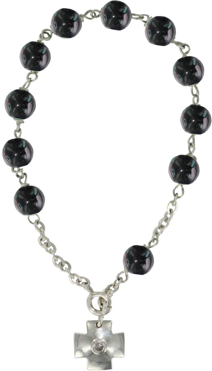 braccialetto con grani a forma di roselline in vetro nero mm 6,5 e argento 925