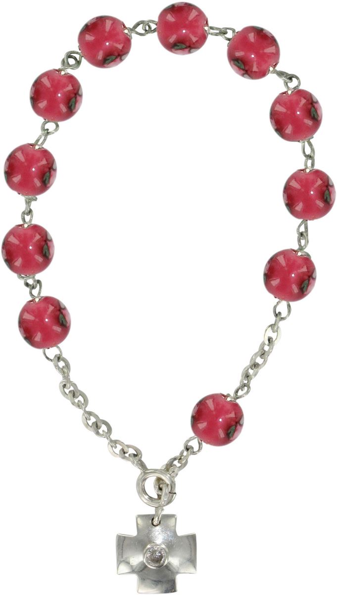 braccialetto con grani a forma di roselline in vetro fucsia mm 6,5 e argento 925