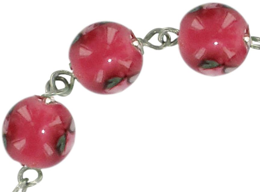 braccialetto con grani a forma di roselline in vetro fucsia mm 6,5 e argento 925