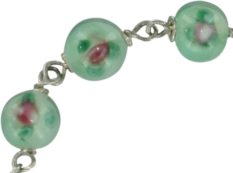 braccialetto con grani a forma di roselline in vetro verde mm 6,5 e argento 925