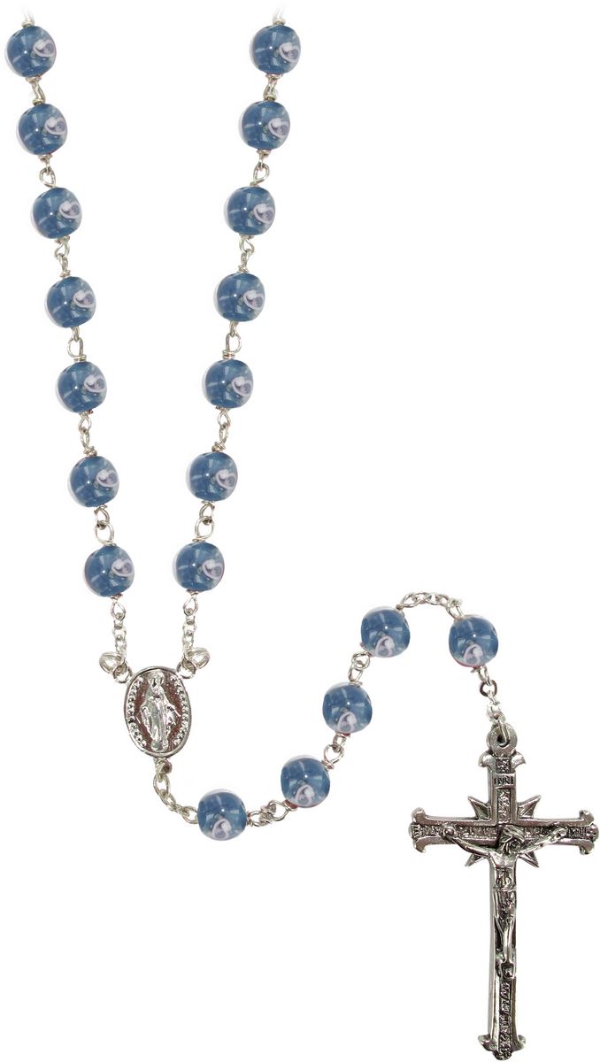 rosario in argento 925 con grani mm 6 in vetro azzuro con piccole rose