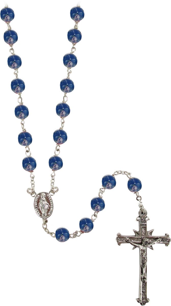 rosario in argento 925 con grani mm 6 in vetro blu con piccole rose